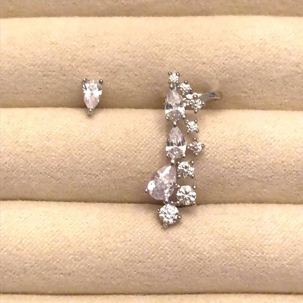 Nordstrom | Mismatched Pear Stud & Cuff Set | Silver Tone